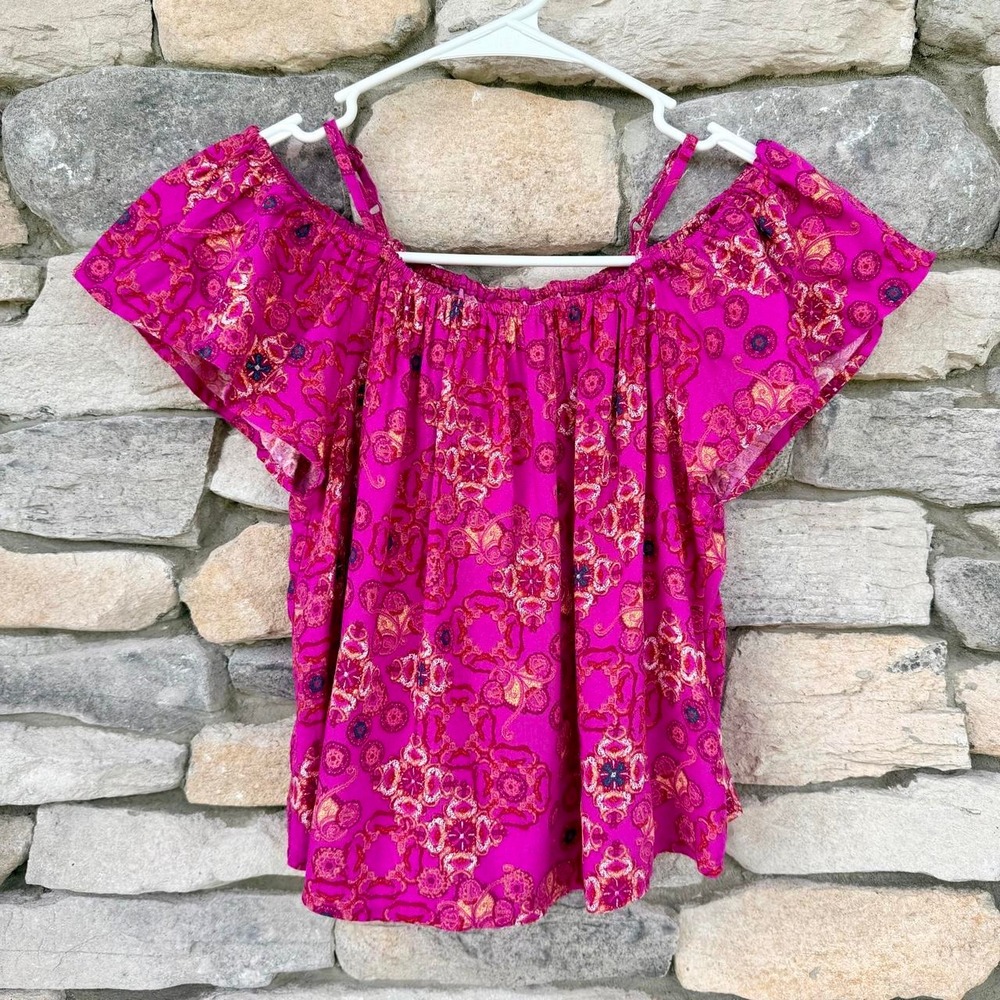 Mudd Girls Boho Cold-Shoulder Top Size 8 Magenta Pink Floral